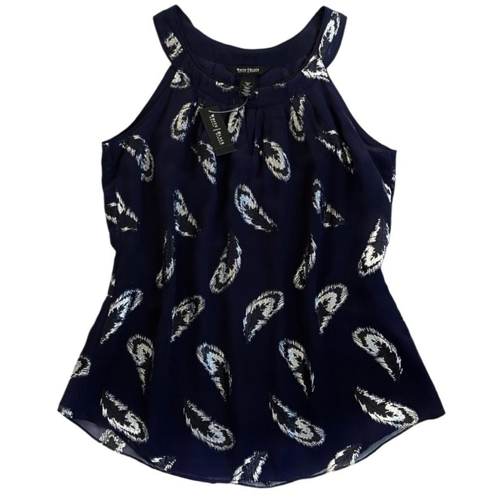 NWT White House Black Market Skyfall
Feather Silk Blend Top Navy Silver Medium